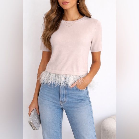 Halogen Sweaters - Halogen Merino Wool Feather Hem Sweater Top Medium Blush Beige Ostrich Trim